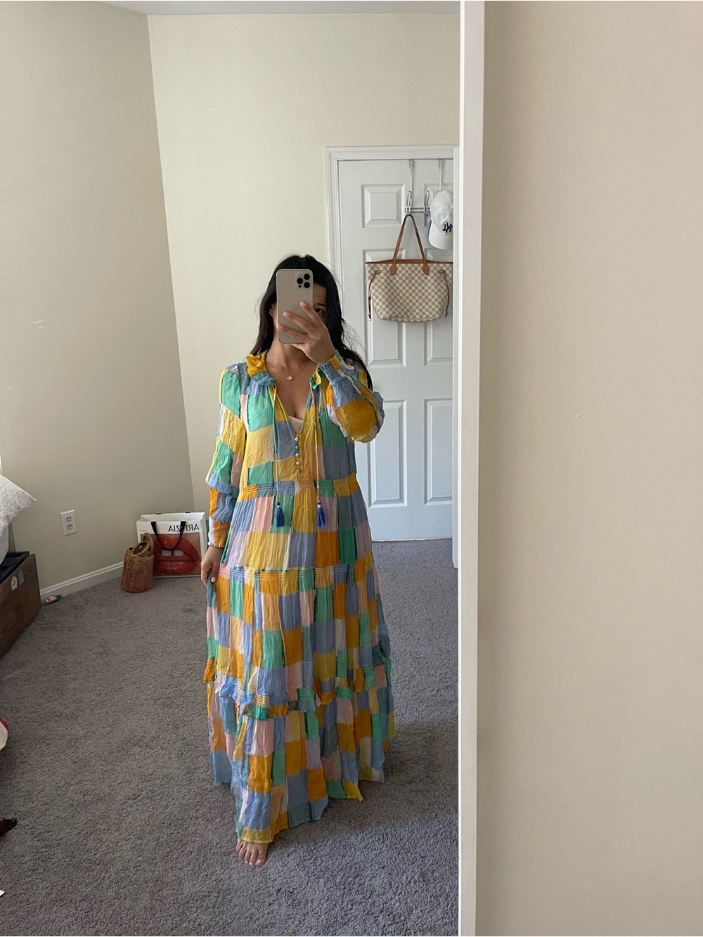 Anthropologie Patchwork Tiered Maxi Dress in Yellow, Green & Blue